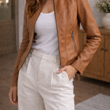 Ilka - Women's Zip-Front Leather Jacket with Stand Collar - Brown