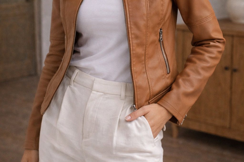 Ilka - Women's Zip-Front Leather Jacket with Stand Collar - Brown