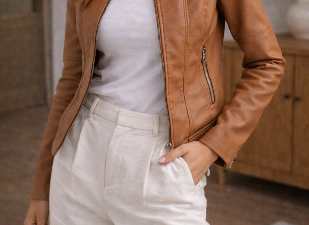 Ilka - Women's Zip-Front Leather Jacket with Stand Collar - Brown