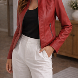 Ilka - Women's Zip-Front Leather Jacket with Stand Collar