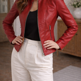 Ilka - Women's Zip-Front Leather Jacket with Stand Collar