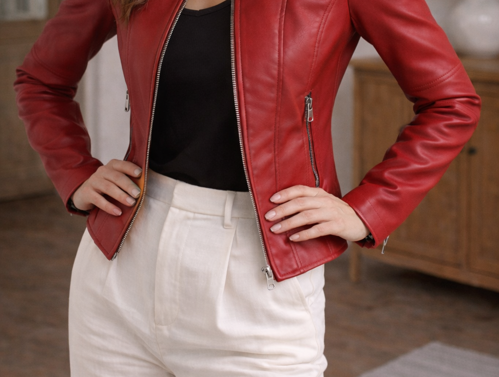Ilka - Women's Zip-Front Leather Jacket with Stand Collar