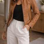 Ilka - Women's Zip-Front Leather Jacket with Stand Collar