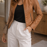Ilka - Women's Zip-Front Leather Jacket with Stand Collar