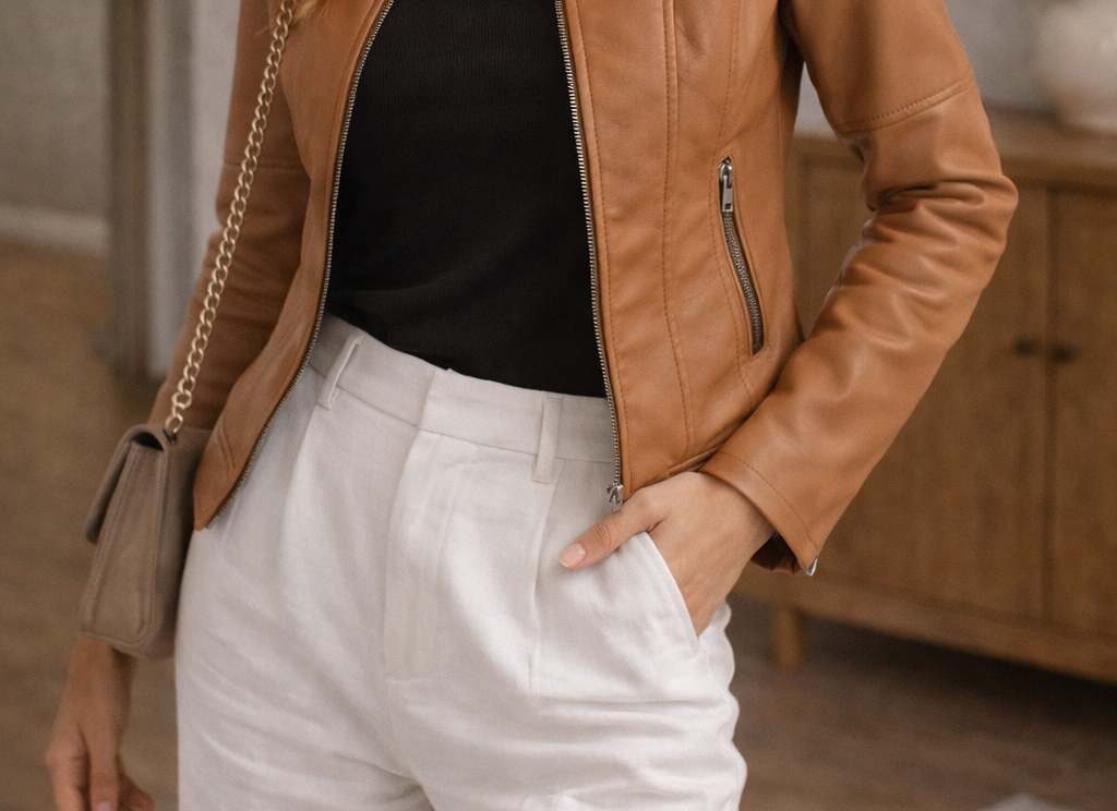 Ilka - Women's Zip-Front Leather Jacket with Stand Collar