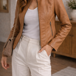 Ilka - Women's Zip-Front Leather Jacket with Stand Collar