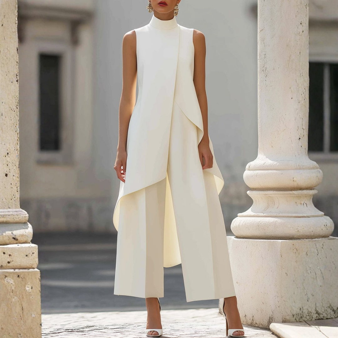 Ilse - Women's High Neck Asymmetric Wide-Leg Jumpsuit - White