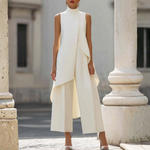 Ilse - Women's High Neck Asymmetric Wide-Leg Jumpsuit - White
