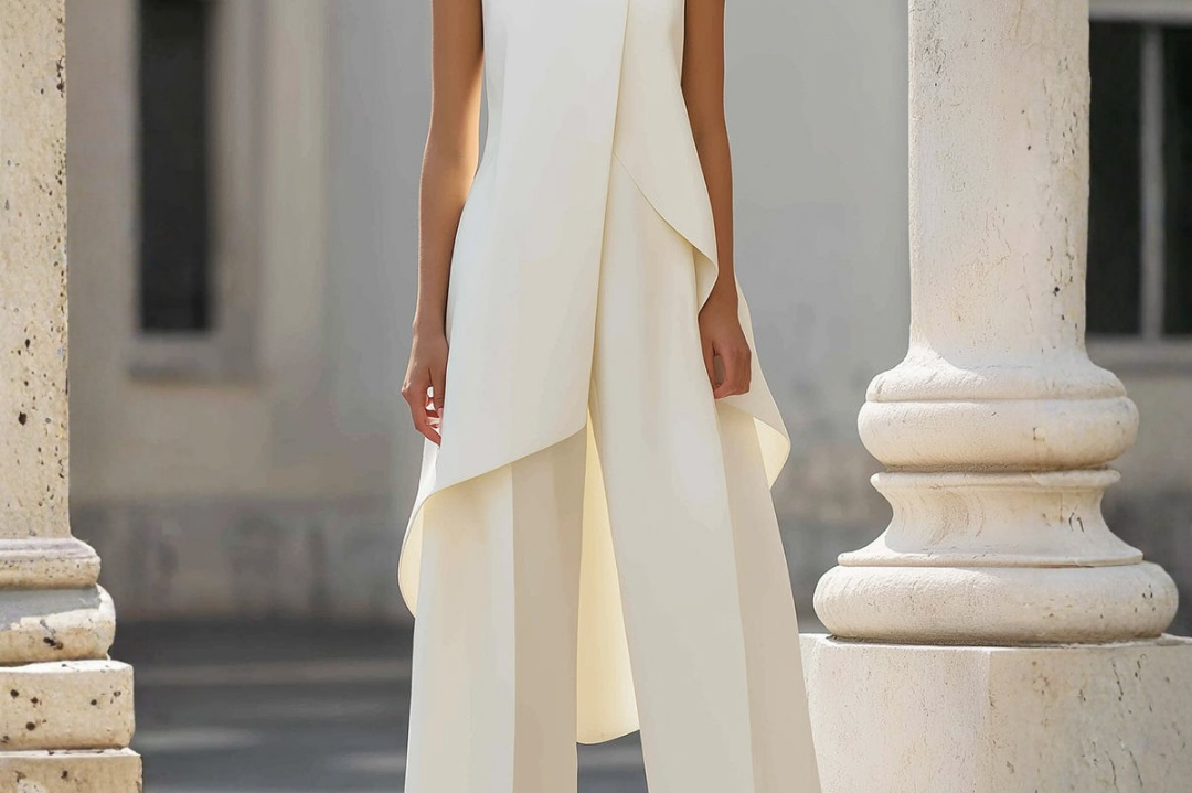 Ilse - Women's High Neck Asymmetric Wide-Leg Jumpsuit - White
