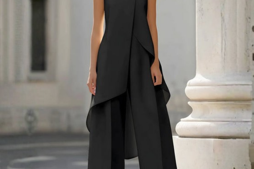 Ilse - Women's High Neck Asymmetric Wide-Leg Jumpsuit - Black