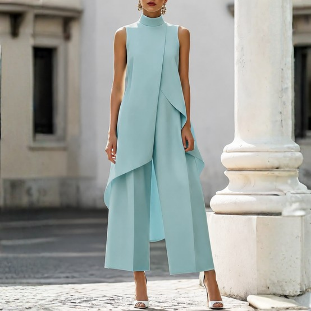 Ilse - Women's High Neck Asymmetric Wide-Leg Jumpsuit - Ice Blue