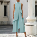 Ilse - Women's High Neck Asymmetric Wide-Leg Jumpsuit - Ice Blue