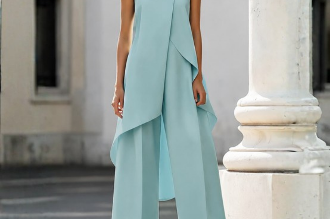 Ilse - Women's High Neck Asymmetric Wide-Leg Jumpsuit - Ice Blue