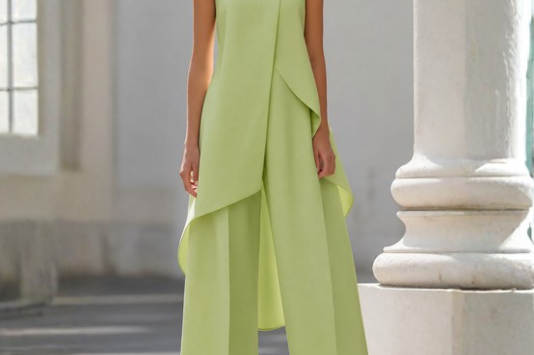 Ilse - Women's High Neck Asymmetric Wide-Leg Jumpsuit - Green