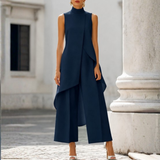 Ilse - Women's High Neck Asymmetric Wide-Leg Jumpsuit - Blue