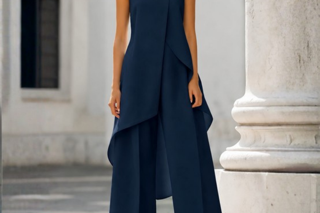 Ilse - Women's High Neck Asymmetric Wide-Leg Jumpsuit - Blue