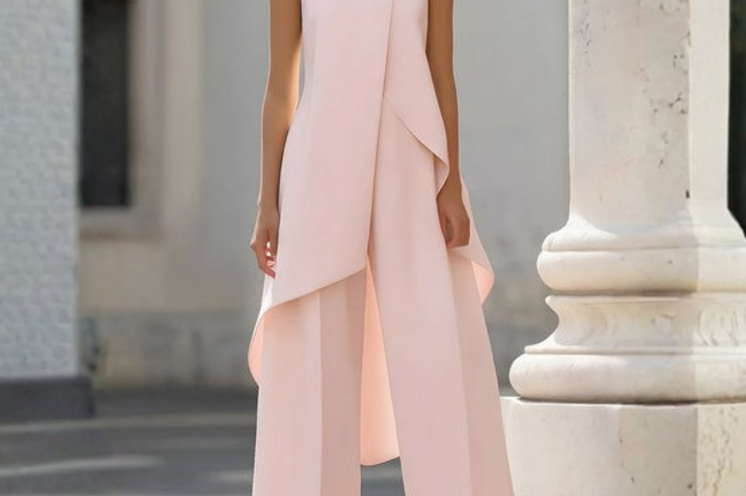 Ilse - Women's High Neck Asymmetric Wide-Leg Jumpsuit - Pink