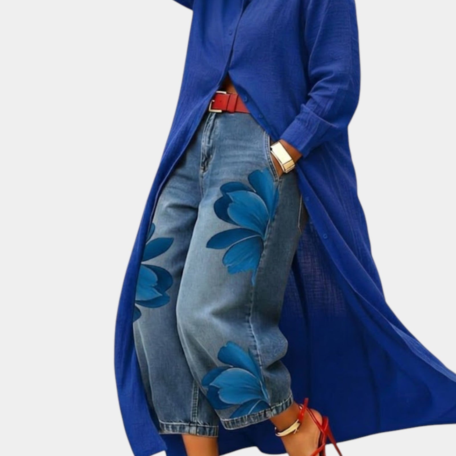 Women's Wide-Leg Jeans & Top Set | Flowing Shirt Top & Wide-Leg Denim Ensemble