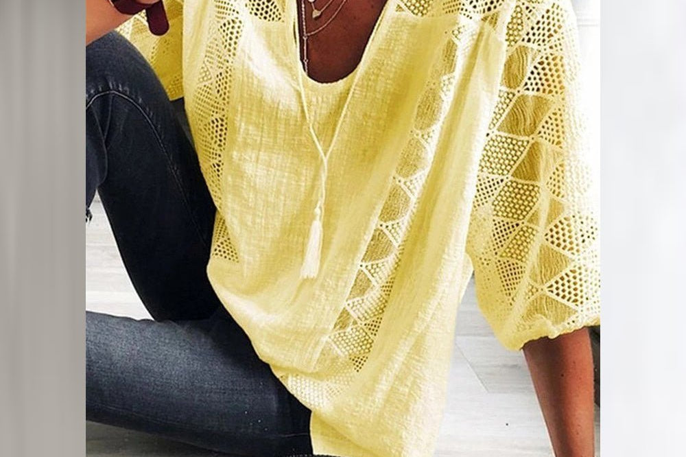 Women's Crochet-Detail Blouse | Boho Relaxed Three-Quarter Sleeve Blouse