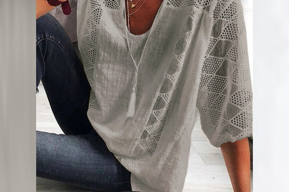 Women's Crochet-Detail Blouse | Boho Relaxed Three-Quarter Sleeve Blouse