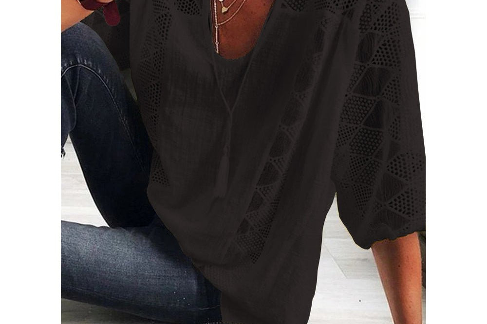 Women's Crochet-Detail Blouse | Boho Relaxed Three-Quarter Sleeve Blouse