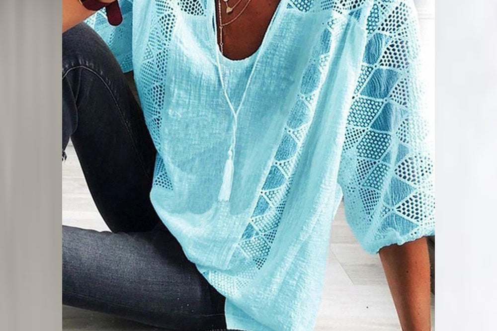Women's Crochet-Detail Blouse | Boho Relaxed Three-Quarter Sleeve Blouse