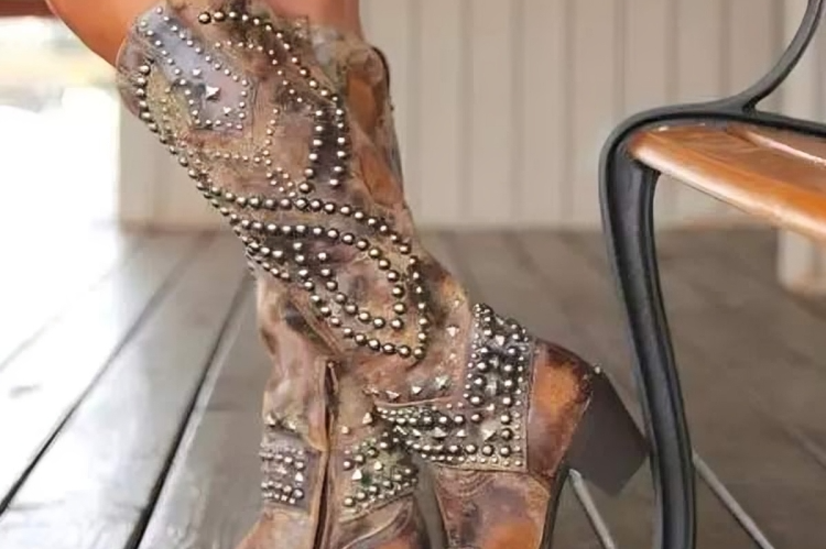 Inger - Women's Studded Knee-High Western Boots - Brown