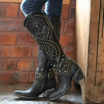 Inger - Women's Studded Knee-High Western Boots - Black