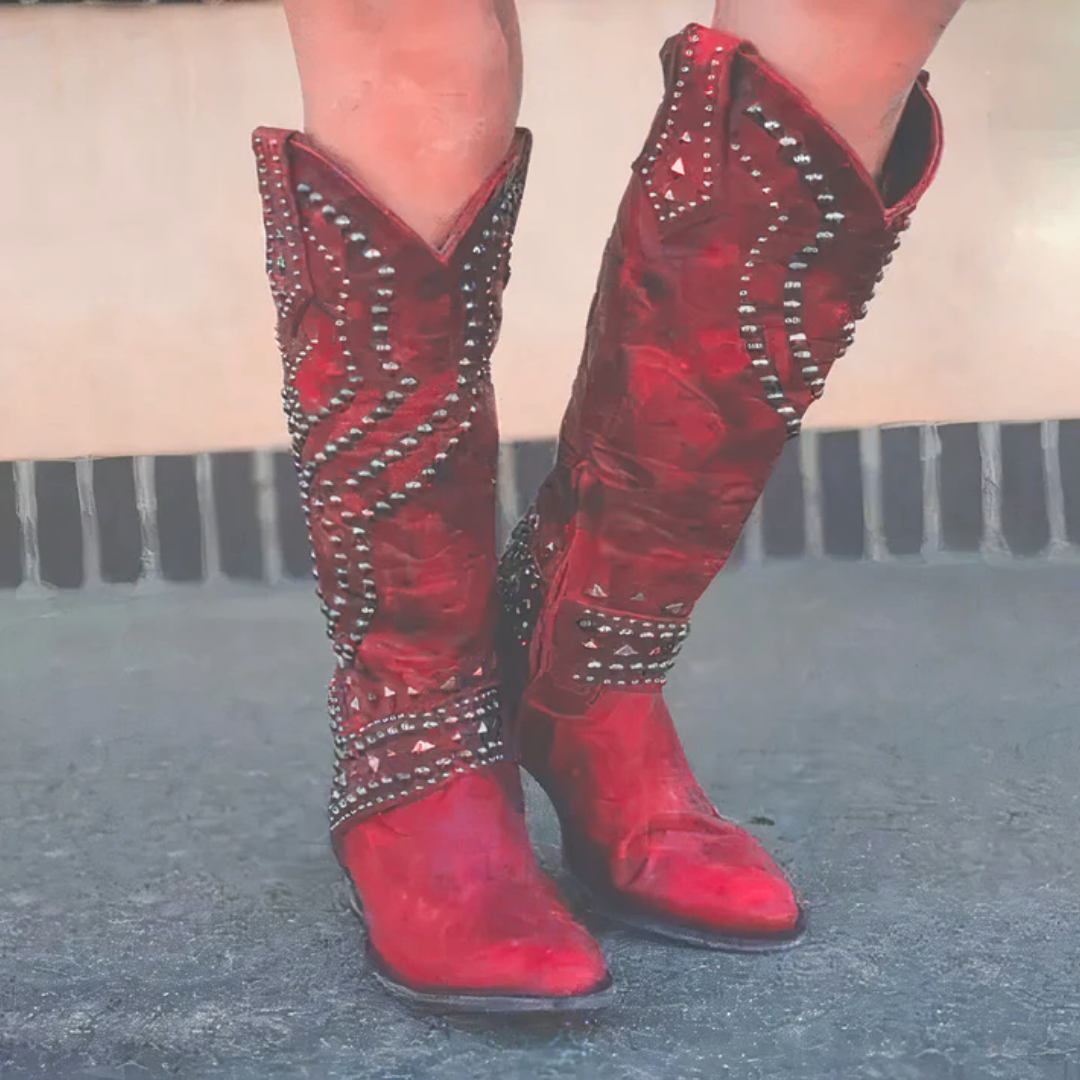 Inger - Women's Studded Knee-High Western Boots - Red