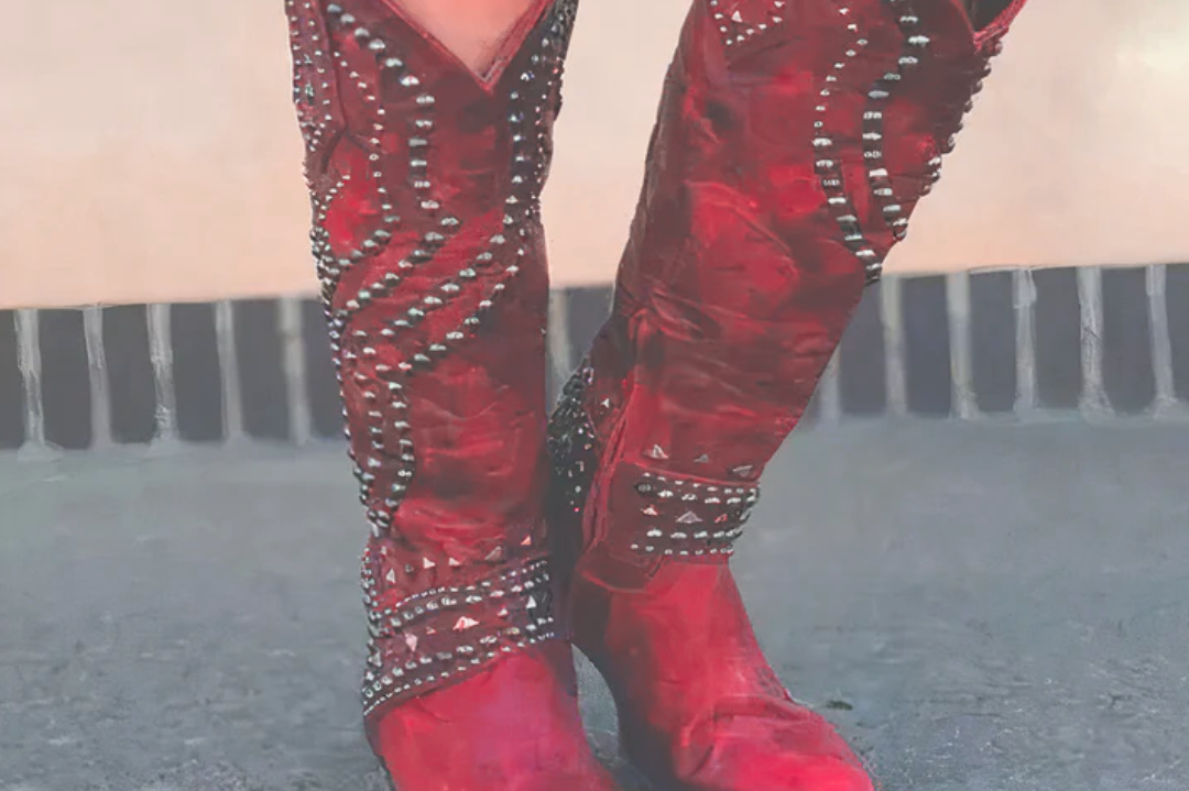Inger - Women's Studded Knee-High Western Boots - Red