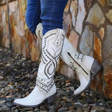 Inger - Women's Studded Knee-High Western Boots - White
