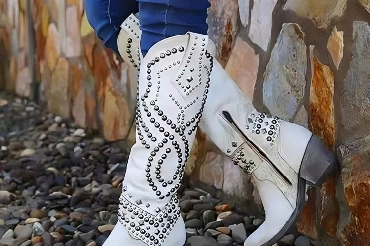Inger - Women's Studded Knee-High Western Boots - White