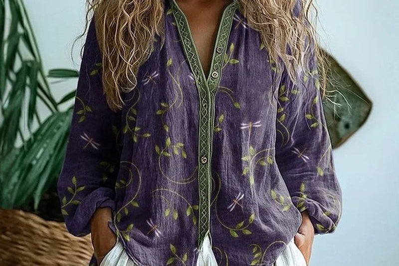 Iona - Women's Embroidered V-Neck Blouse with Long Sleeves - Purple