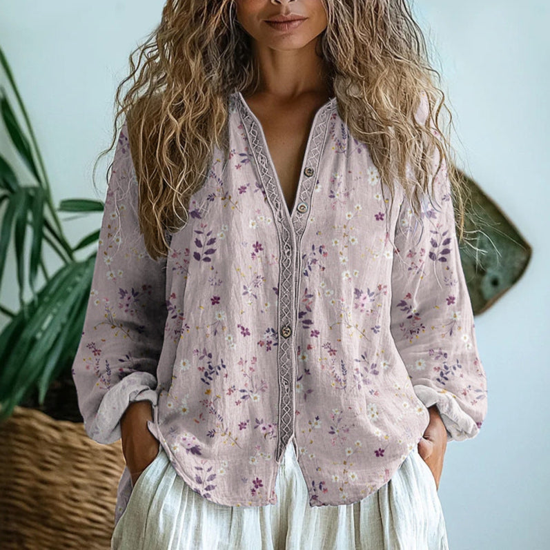 Iona - Women's Embroidered V-Neck Blouse with Long Sleeves - Pink