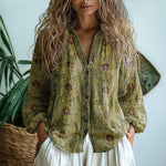 Iona - Women's Embroidered V-Neck Blouse with Long Sleeves - Green