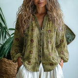 Iona - Women's Embroidered V-Neck Blouse with Long Sleeves - Green