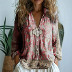 Iona - Women's Embroidered V-Neck Blouse with Long Sleeves - Red