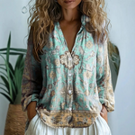 Iona - Women's Embroidered V-Neck Blouse with Long Sleeves - Turquoise