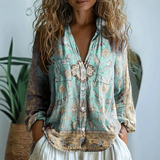 Iona - Women's Embroidered V-Neck Blouse with Long Sleeves - Turquoise