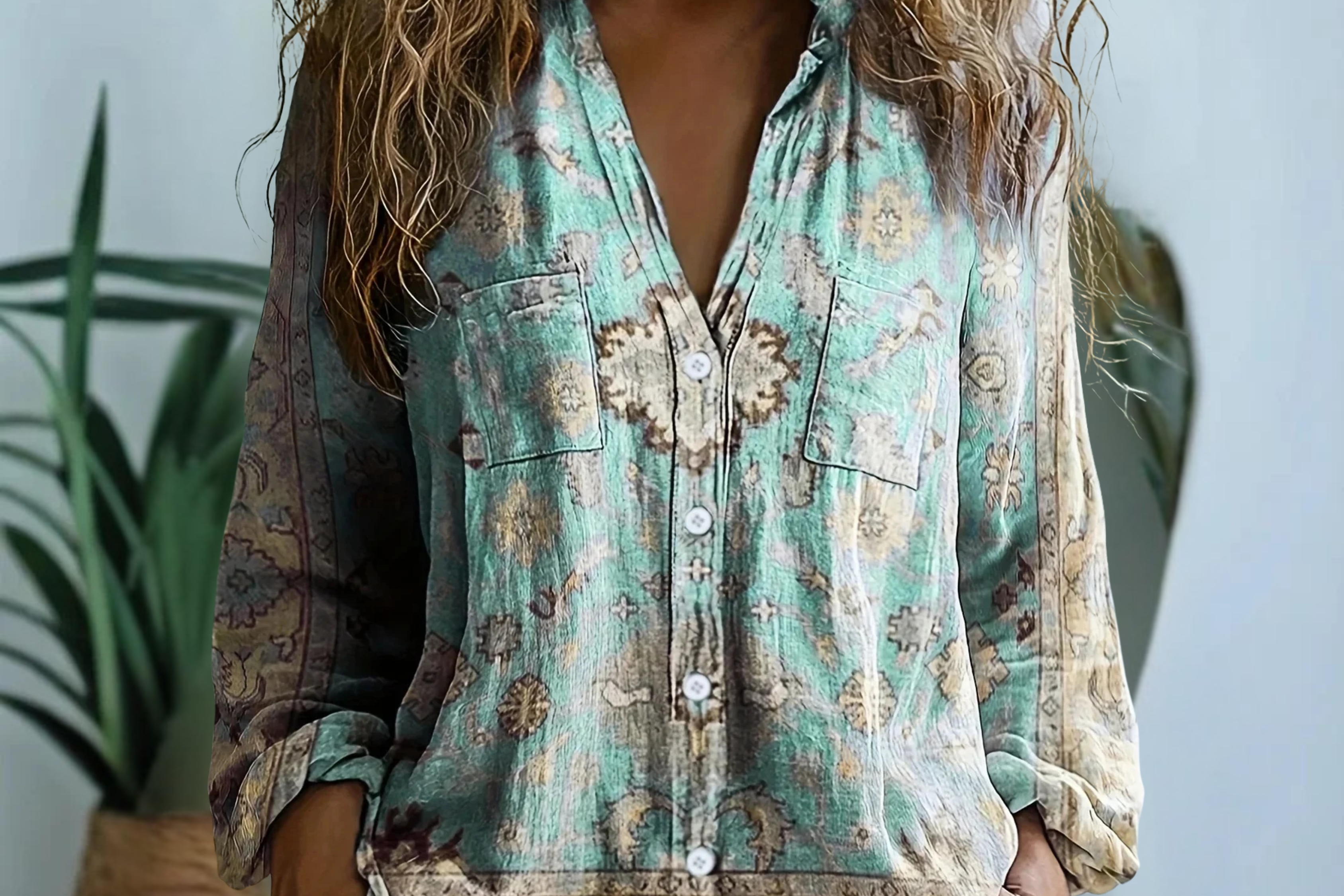 Iona - Women's Embroidered V-Neck Blouse with Long Sleeves - Turquoise