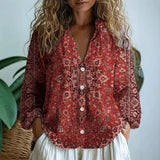 Iona - Women's Embroidered V-Neck Blouse with Long Sleeves - Dark Red