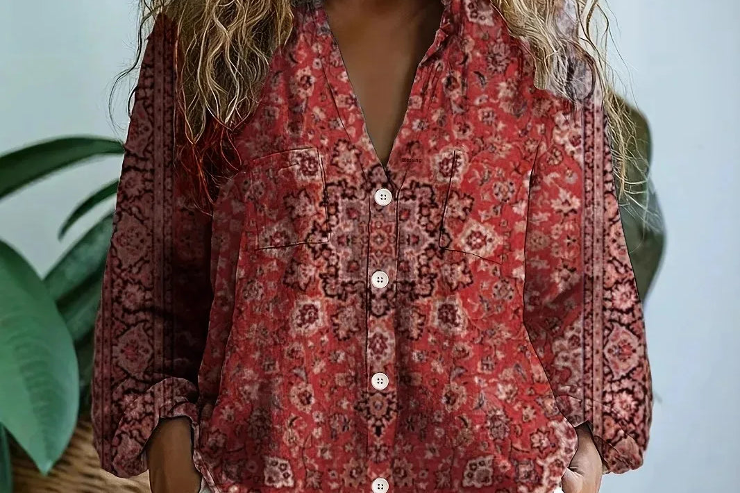 Iona - Women's Embroidered V-Neck Blouse with Long Sleeves - Dark Red