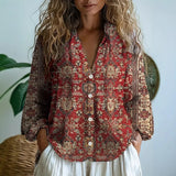 Iona - Women's Embroidered V-Neck Blouse with Long Sleeves - Burgundy