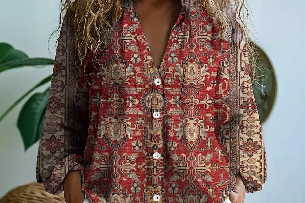 Iona - Women's Embroidered V-Neck Blouse with Long Sleeves - Burgundy