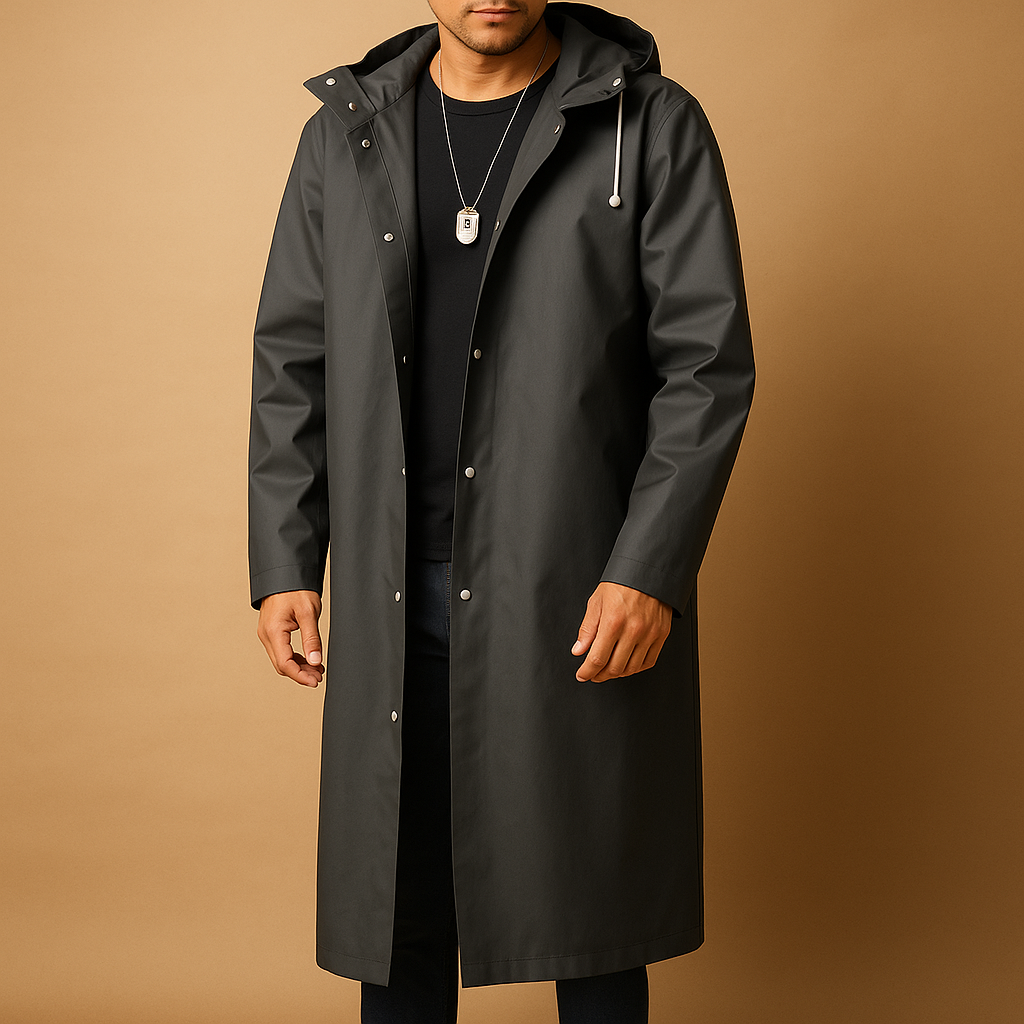 Isaac - Men's Long Hooded Lined Rain Coat - Black