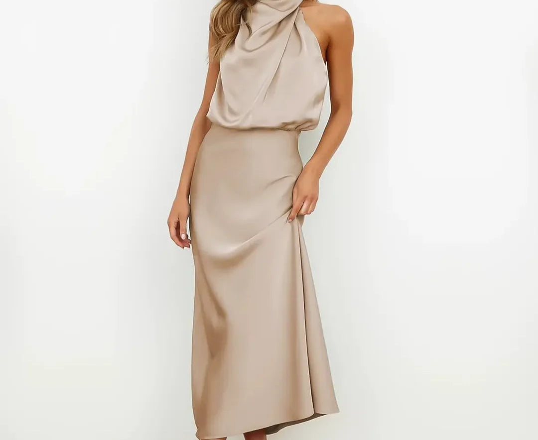 Isaura - Women's Satin Cowl Neck Midi Dress - Champagne