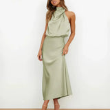 Isaura - Women's Satin Cowl Neck Midi Dress
