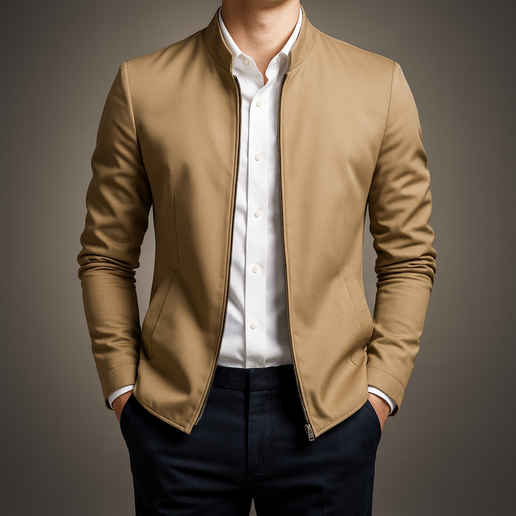 Jake - Men's Stand Collar Zip Front Jacket - Khaki