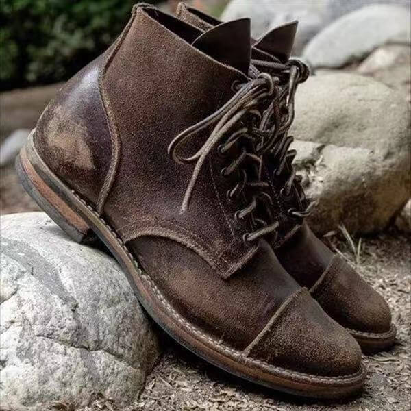Jared - Men's Lace-Up Leather Ankle Boots with Cap Toe - Dark Brown