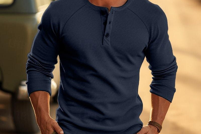 Jarvis - Men's Long Sleeve Henley Knit Sweater - Blue
